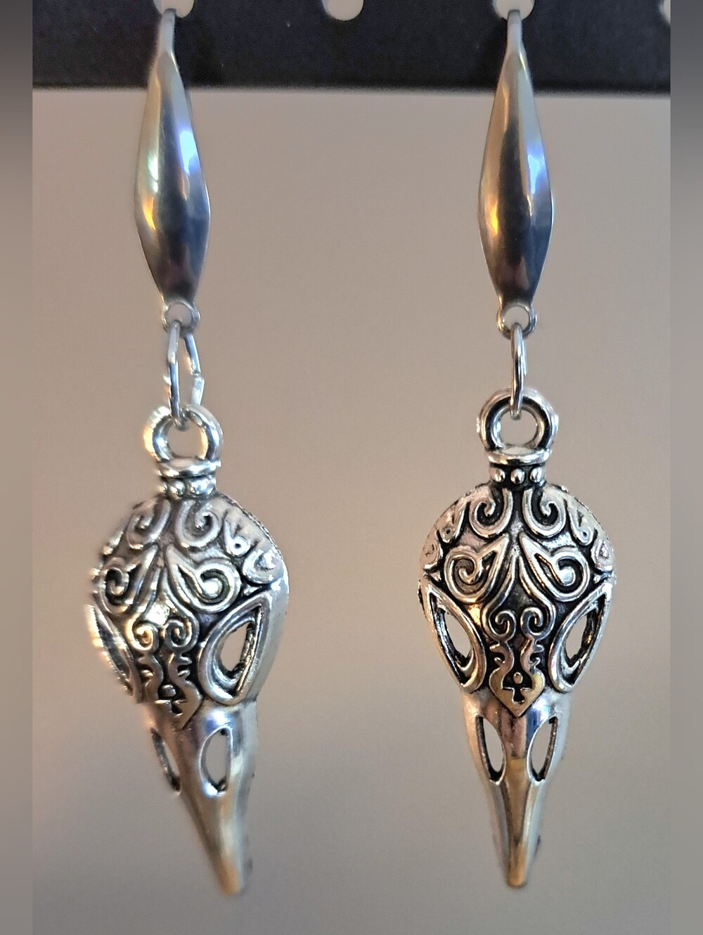 Ornate Antique Silvertone Bird Skull Earrings, 316 Stainless Steel Hooks